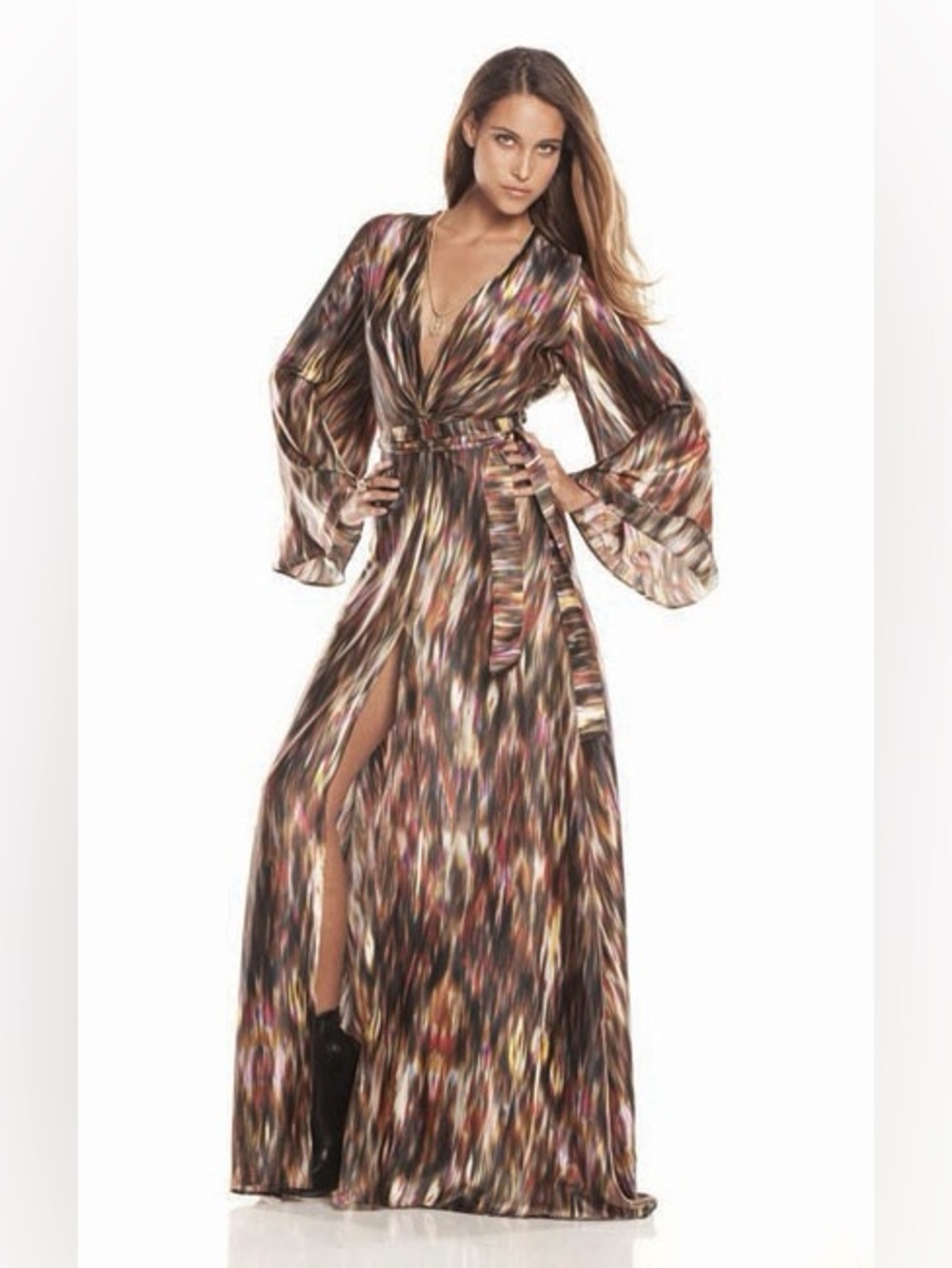 Alexis “Pamella” silk v neck boho maxi dress gown in Rainbow Smudge XS *NO BELT*